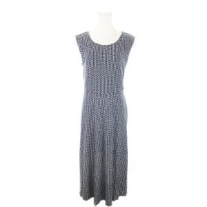 ロングワンピース ノースリーブ 切替 ストレッチ 総柄 紺 ネイビー /MN15 GY17