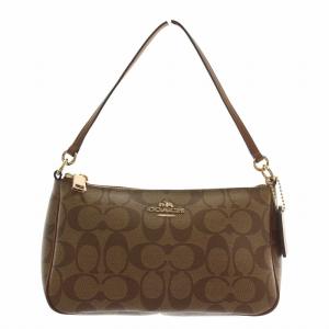 ハンドバッグ ショルダー 2WAY PVC レザー シグネチャー 総柄 ロゴ ゴールド金具 茶色 ブラウン