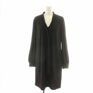 ワンピース ロング Vネック ギャザー ボウタイ 40 M 黒 ブラック 39933-NSOFZ131YR