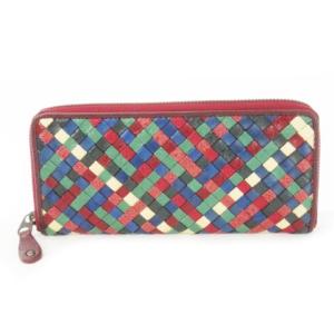 長財布 ロングウォレット ラウンド 小銭入れあり イントレチャート レザー 革 赤 レッド マルチカラー