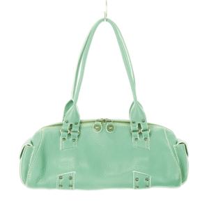 VILLAGE SPOS ハンドバッグ 横長 肩掛け レザー 本革 型押しロゴ 緑 エメラルドグリーン