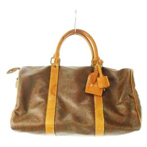 ボストンバッグ 旅行バッグ PVC レザー 革 IDホルダー ロック キー ペイズリー柄 茶 ブラウン