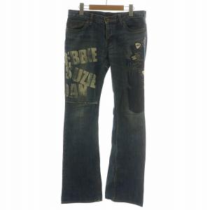 デニムパンツ ジーンズ ブーツカット フレア ペイント 刺繍 ワッペン USED加工 ボタンフライ M
