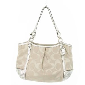 トートバッグ ハンドバッグ キャンバス レザー シグネチャー ロゴチャーム ベージュ シルバーカラー Ｆ20807