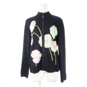 カーディガン ニット ハイネック ジップアップ ラインストーン インターシャ 花柄 ビーズ L 紺 ネイビー