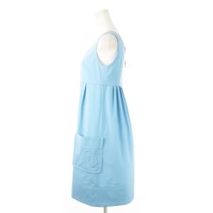 FOXEY NEW YORK ワンピース ひざ丈 スクエアネック ノースリーブ ハリ感 タック ロゴ 38 M 青 ブルー /CK23