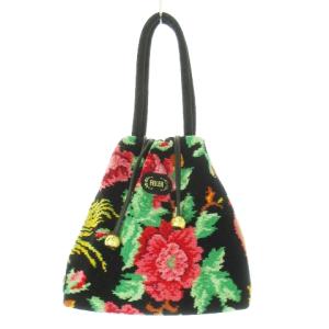 ハンドバッグ 巾着 シュニール織り レザー 革 ロゴ エスニック 牡丹 鳳凰 花柄 黒 ブラック /CK16