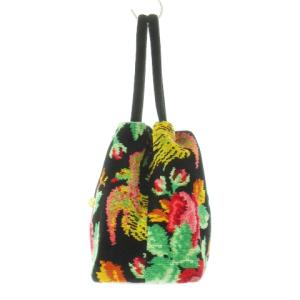 FEILER ハンドバッグ 巾着 シュニール織り レザー 革 ロゴ エスニック 牡丹 鳳凰 花柄 黒 ブラック /CK16