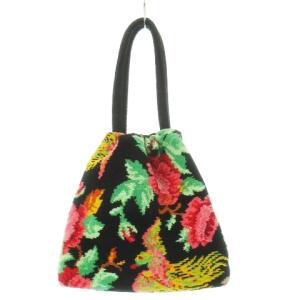 FEILER ハンドバッグ 巾着 シュニール織り レザー 革 ロゴ エスニック 牡丹 鳳凰 花柄 黒 ブラック /CK16