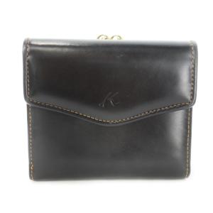 二つ折り財布 ウォレット 小銭入れあり がま口 レザー 革 ツヤ ロゴ型押し 黒 ブラック /CK33