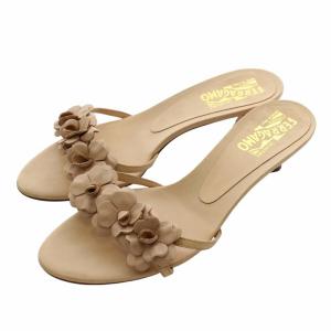 ミュール サンダル レザー オープントゥ ローヒール 花 フラワー 7 24.5cm ベージュ /XZ