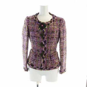 ツイードジャケット 長袖 シングル フラワーモチーフ 背抜き ロゴ 38 S 紫 GY18 /MQ