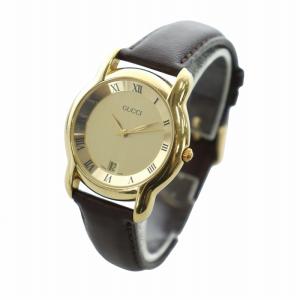 GUCCI 腕時計 クォーツ ローマン レザーベルト デイト カレンダー付き ゴールドカラー 5100M