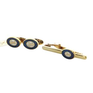 ネクタイピン カフスボタン セット ロゴ ラウンド ゴールド色 青 ブルー GY11 /MQ OH