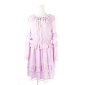 シルクワンピース ひざ丈 長袖 絹 シアー 楊柳 フリル ギャザー リボン S 紫 ラベンダー /CK21
