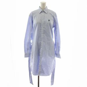 シャツワンピース ロング ストライプ レギュラーカラー 腰紐 ロゴ刺繍 2 S 青 ブルー 白 ホワイト