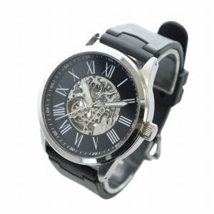 FOSSIL 腕時計 ウォッチ 自動巻き クロノグラフ 黒文字盤 ロゴ スケルトン シリコンバンド 21石 シルバー色