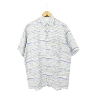 半袖シャツ リネン 麻 ボーダー 総柄 48 L 青 ブルー /AH20 GY11
