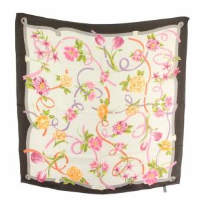 スカーフ 絹 シルク 花柄 リボン 総柄 ロゴ グレー マルチカラー /XZ GY18