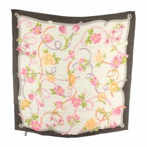 Salvatore Ferragamo スカーフ 絹 シルク 花柄 リボン 総柄 ロゴ グレー マルチカラー /XZ GY18