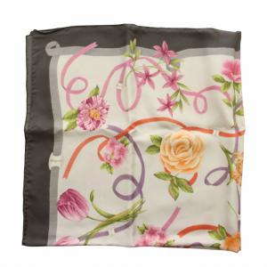 Salvatore Ferragamo スカーフ 絹 シルク 花柄 リボン 総柄 ロゴ グレー マルチカラー /XZ GY18