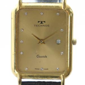 腕時計 ウォッチ クォーツ カレンダー付き ロゴ 石付き スクエア レザーベルト ゴールド色 GY18