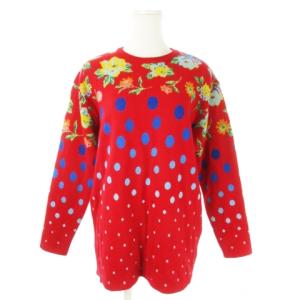 ニット セーター クルーネック 長袖 インターシャ 花柄 バラ ドット 総柄 2 M 赤 レッド /AO20