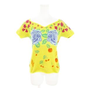 ニット ニットソー セーター Vネック ハートネック 半袖 ジャガード インターシャ フルーツ 花柄 総柄