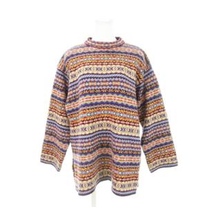 ニット セーター モックネック 長袖 ウール サイドスリット チロリアン ボーダー 総柄 2 赤 レッド