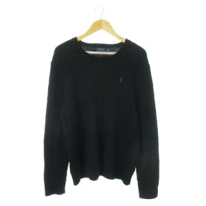 ニット セーター ラウンドネック 長袖 コットン ケーブル編み ロゴ刺繍 L 紺 ネイビー /AO17