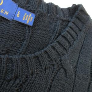 POLO RALPH LAUREN ニット セーター ラウンドネック 長袖 コットン ケーブル編み ロゴ刺繍 L 紺 ネイビー /AO17