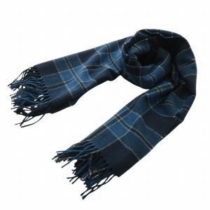 ストール ブランケット ひざ掛け ウール チェック柄 総柄 フリンジ ロゴ 刺繍 青 ブルー 紺 ネイビー