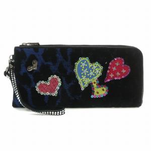 長財布 L字ファスナー ヒョウ柄 レオバード ハート スパンコール ラインストーン 総柄 黒 ブラック