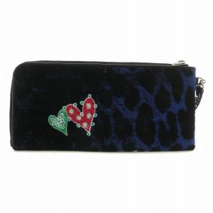 Think Bee 長財布 L字ファスナー ヒョウ柄 レオバード ハート スパンコール ラインストーン 総柄 黒 ブラック