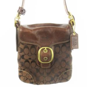 ショルダーバッグ キャンバス レザー 革 フラップ シグネチャー ベルトデザイン ロゴ型押し 茶 ブラウン