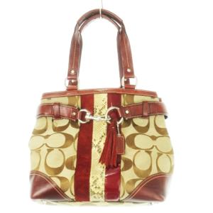 ハンプトンズ ハンドバッグ キャンバス レザー 革 パイソン型押し シグネチャー 赤 レッド 10264