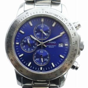 腕時計 ウォッチ クォーツ クロノグラフ カレンダー付き ロゴ 青文字盤 シルバー色 MTD-1040