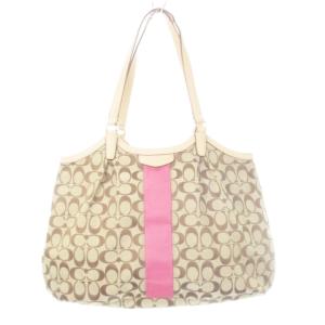 ハンドバッグ トートバッグ 肩掛け キャンバス レザー ライン シグネチャー ベージュ ピンク F28503