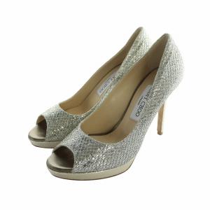 パンプス レザー オープントゥ ピンヒール ラメ ロゴ 36.5 23.5cm シルバー色 GY18 /MQ