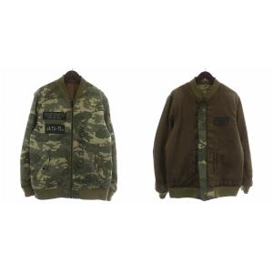 中綿ジャケット ブルゾン アウター リバーシブル 総柄 ジップアップ ロゴ プリント XL 緑 グリーン