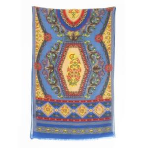 スカーフ ウール シルク混 絹 フリンジ オリエンタル 花柄 ロゴ 総柄 青 ブルー /CK28 GY11