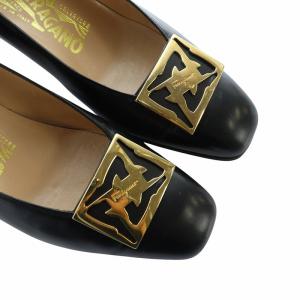 Salvatore Ferragamo パンプス チャンキーヒール スクエアトゥ レザー ロゴ 6 24cm 黒 ブラック GY11 /MQ