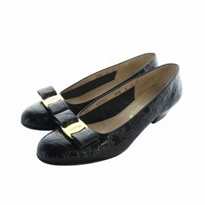 パンプス レザー ヴァラ リボン ロゴ チャンキーヒール 6 23.5cm 黒 ブラック GY11 /MQ