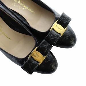 Salvatore Ferragamo パンプス レザー ヴァラ リボン ロゴ チャンキーヒール 6 23.5cm 黒 ブラック GY11 /MQ