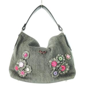 マルガリータ ハンドバッグ デニム レザー 革 コサージュ フラワーモチーフ ラインストーン ロゴ グレー