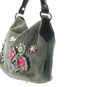 Think Bee マルガリータ ハンドバッグ デニム レザー 革 コサージュ フラワーモチーフ ラインストーン ロゴ グレー