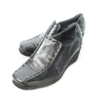 pedala ウォーキングスニーカー ウェッジソール レザー 革 エナメル 切替 ステッチ 22.5 黒