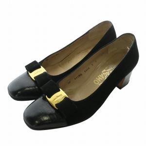 ヴァラリボン パンプス スエード レザー クロコ型押し スクエアトゥ チャンキーヒール ロゴ 5 22.5cm