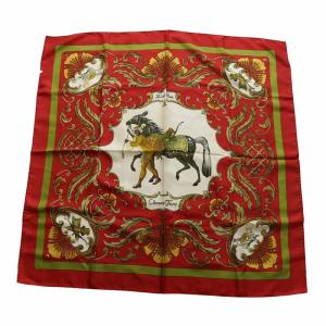 カレ90 Cheval Turc トルコの馬 大判スカーフ ストール ロゴ 総柄 絹 シルク 赤 レッド