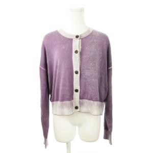 M-CALORINA カーディガン ニット クルーネック 長袖 ショート丈 ムラ染め ロゴ S 紫 パープル